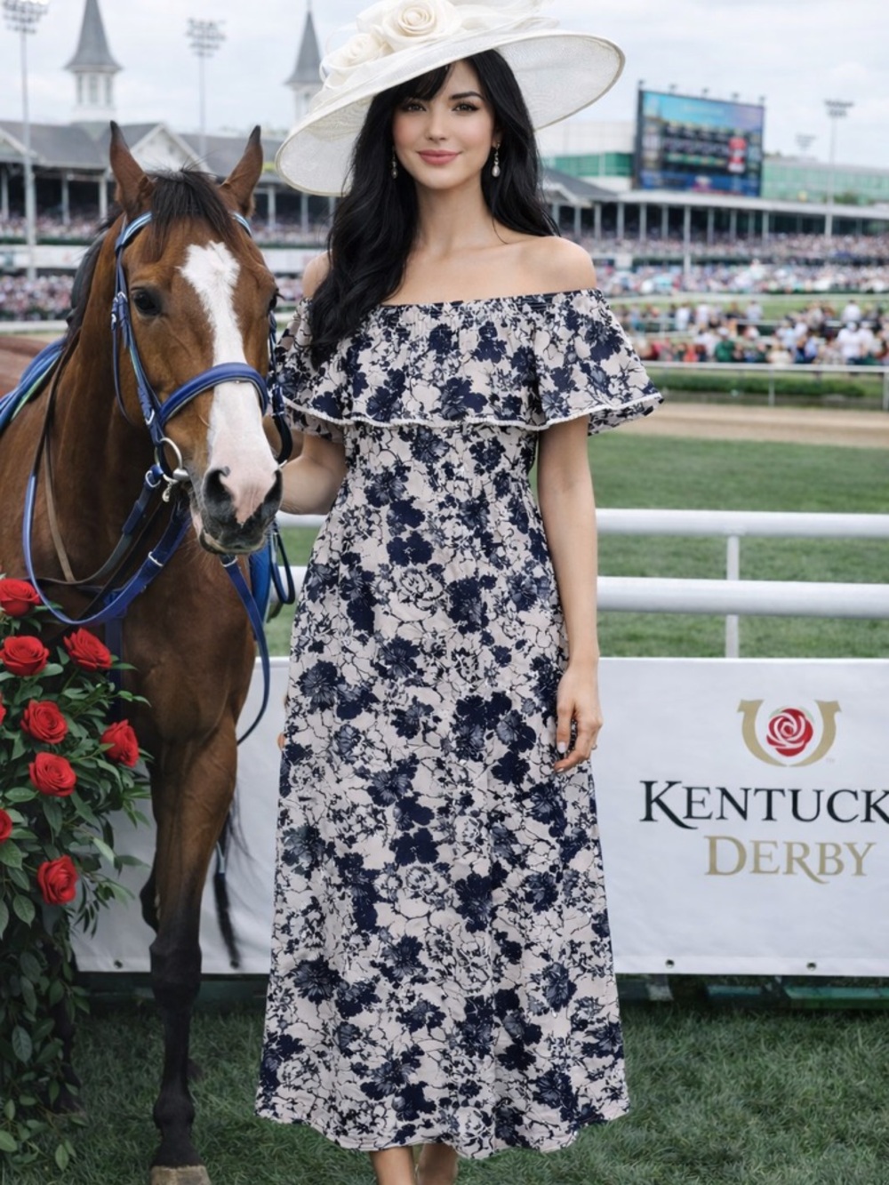 Chelsea28 Kentucky Derby White Maxi Dress with Navy Floral Print